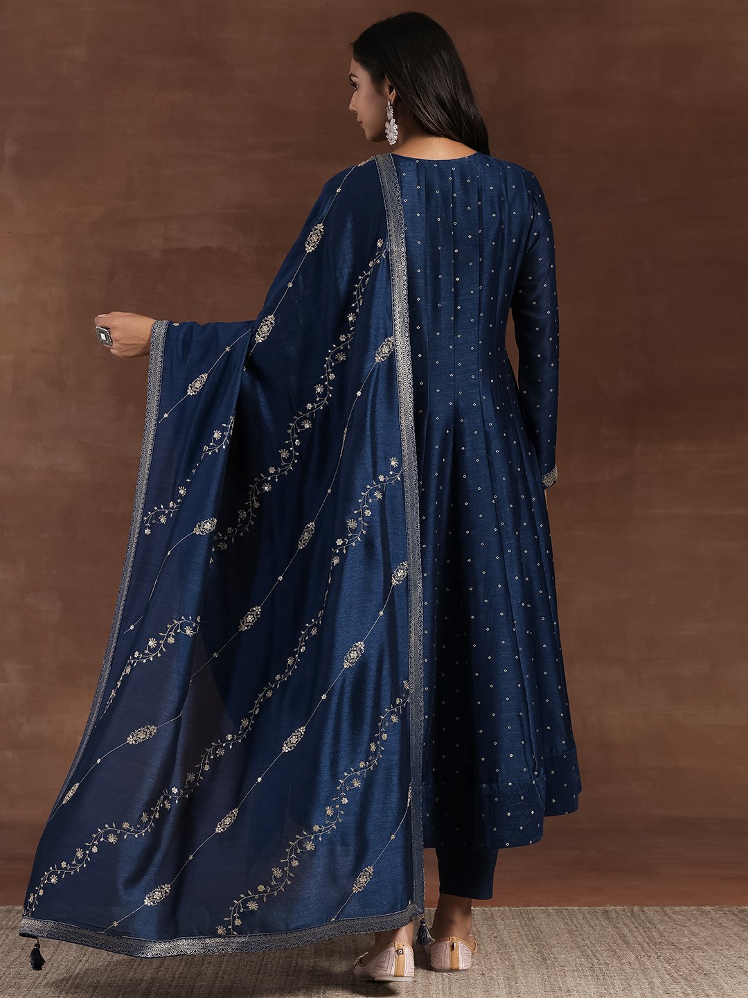 Blue Embroidered Silk Blend A-Line Kurta and Trousers Set and Dupatta