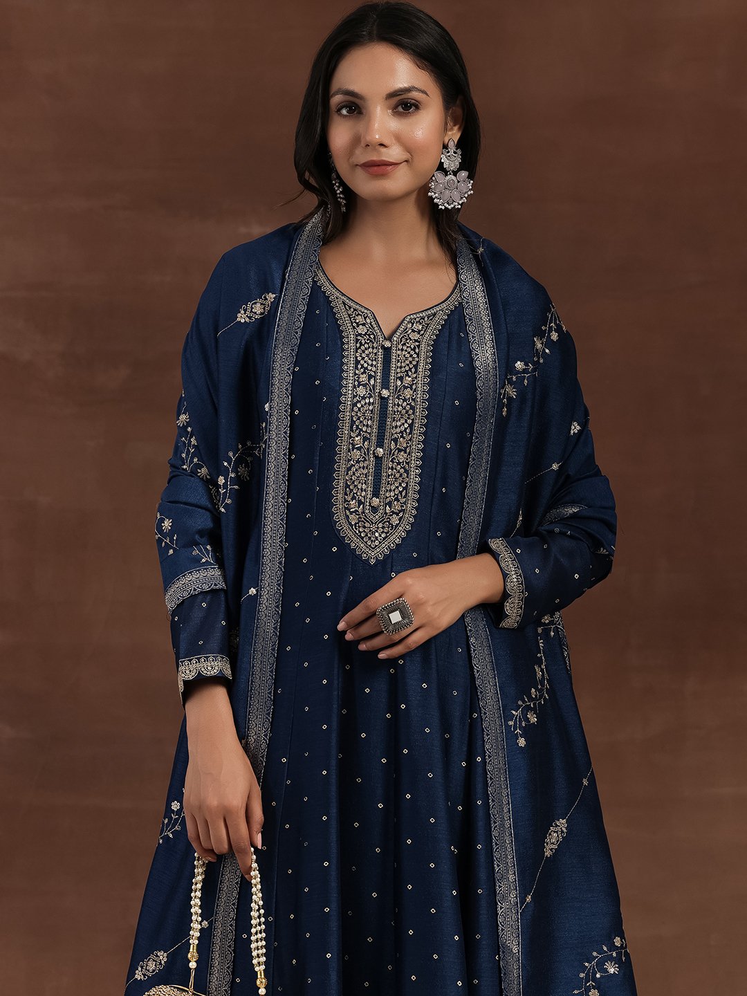 Blue Embroidered Silk Blend A-Line Kurta and Trousers Set and Dupatta