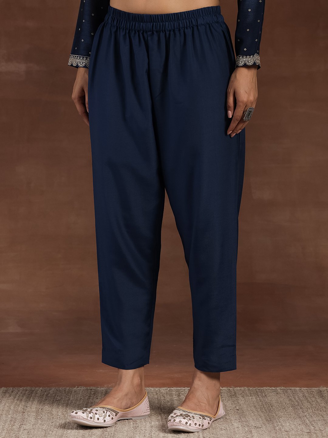 Blue Embroidered Silk Blend A-Line Kurta and Trousers Set and Dupatta
