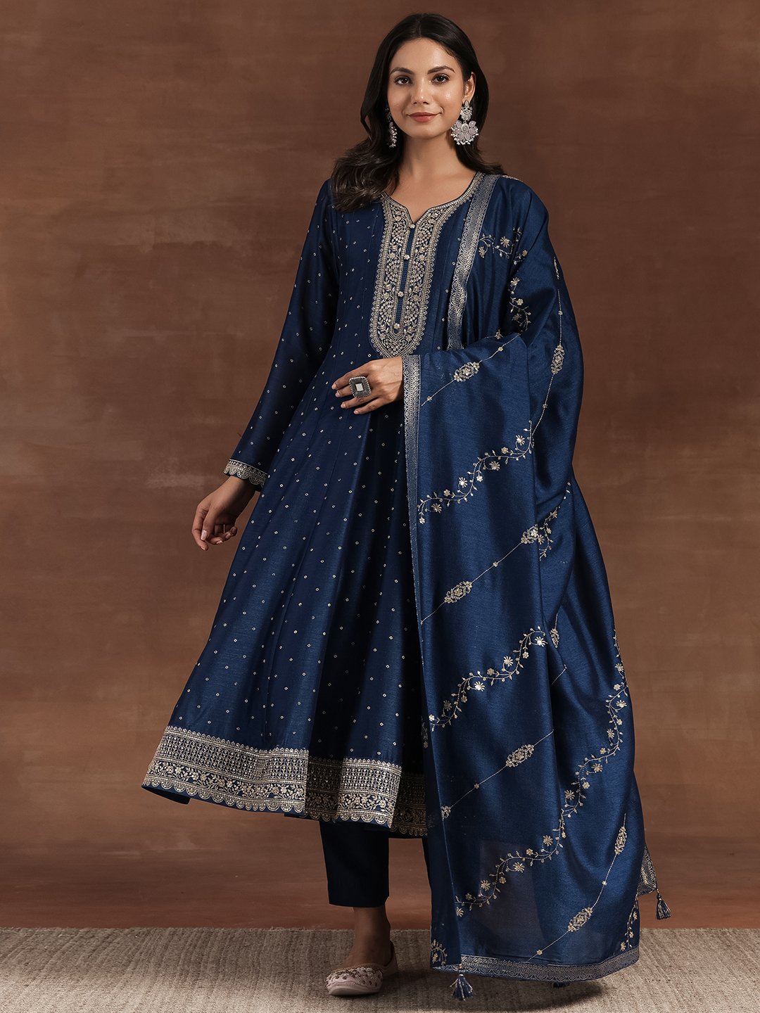 Blue Embroidered Silk Blend A-Line Kurta and Trousers Set and Dupatta