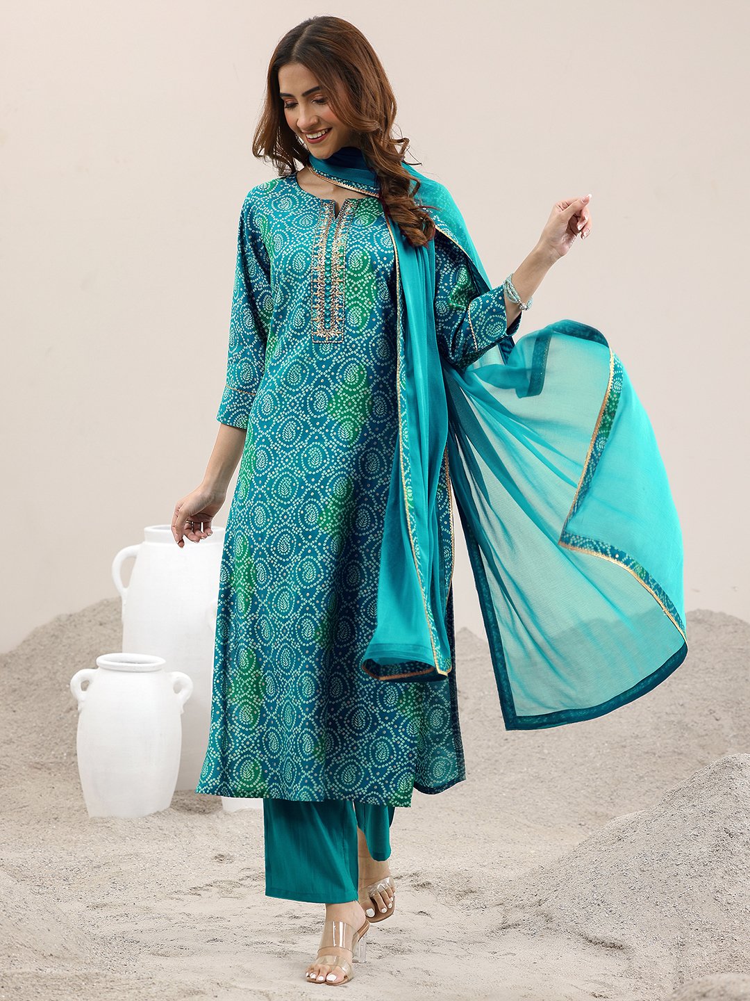 Blue Printed Viscose Straight Kurta, Trousers and Dupatta Set