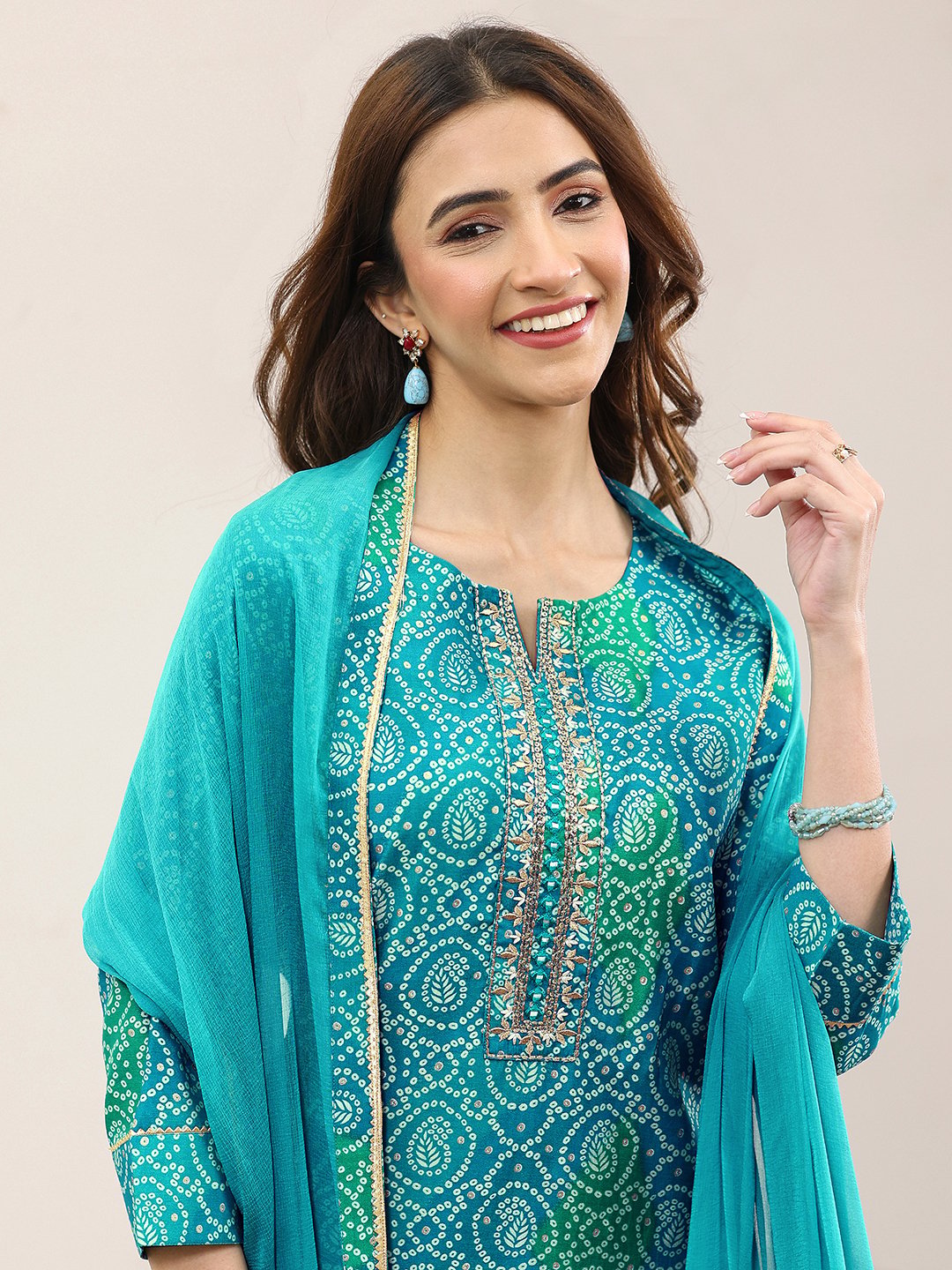 Blue Printed Viscose Straight Kurta, Trousers and Dupatta Set