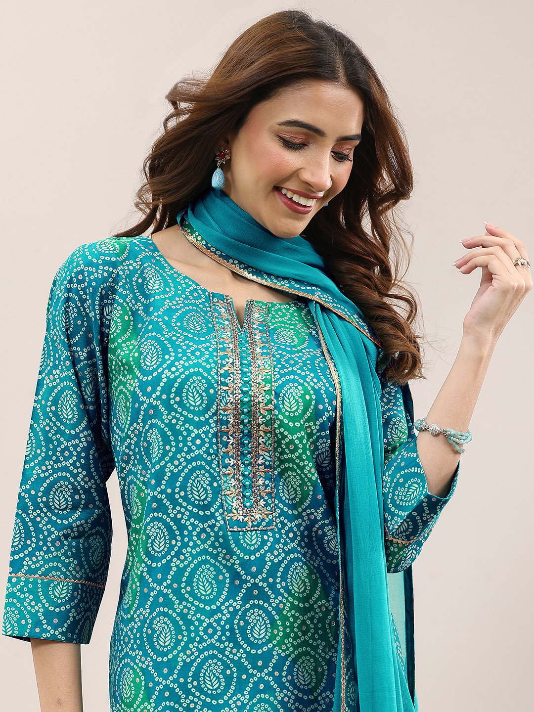 Blue Printed Viscose Straight Kurta, Trousers and Dupatta Set