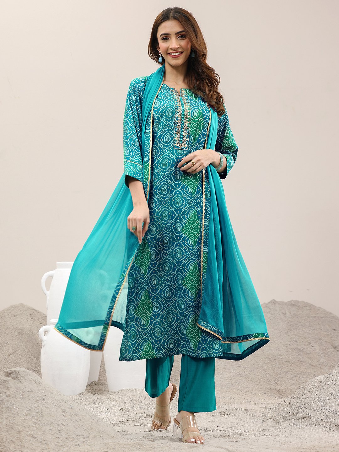 Blue Printed Viscose Straight Kurta, Trousers and Dupatta Set