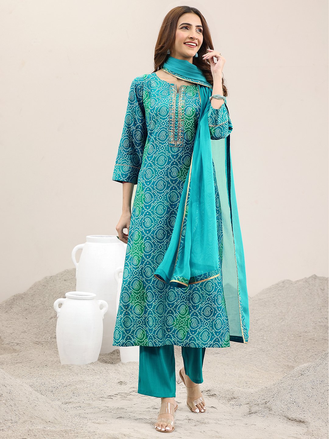 Blue Printed Viscose Straight Kurta, Trousers and Dupatta Set