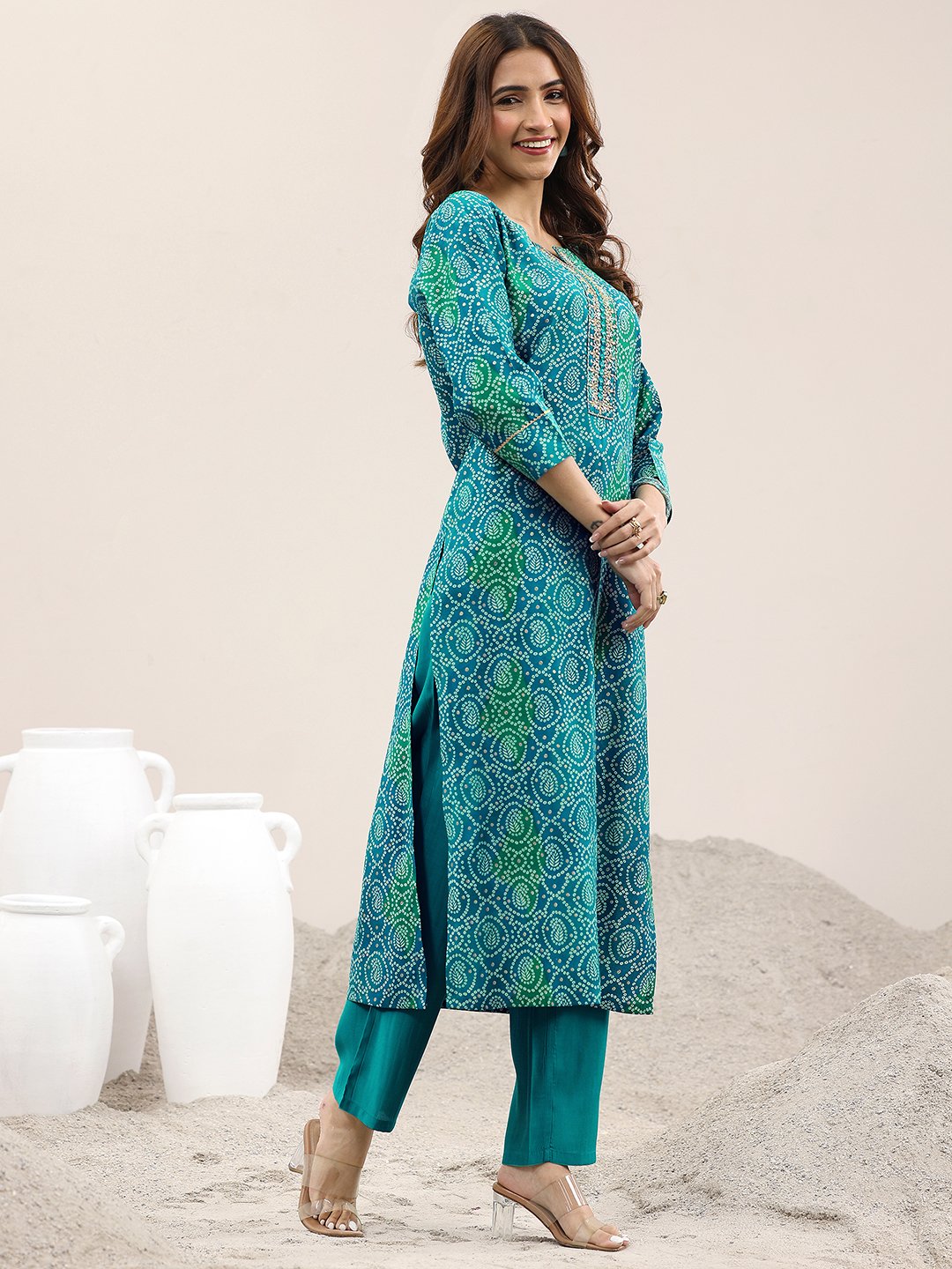 Blue Printed Viscose Straight Kurta, Trousers and Dupatta Set