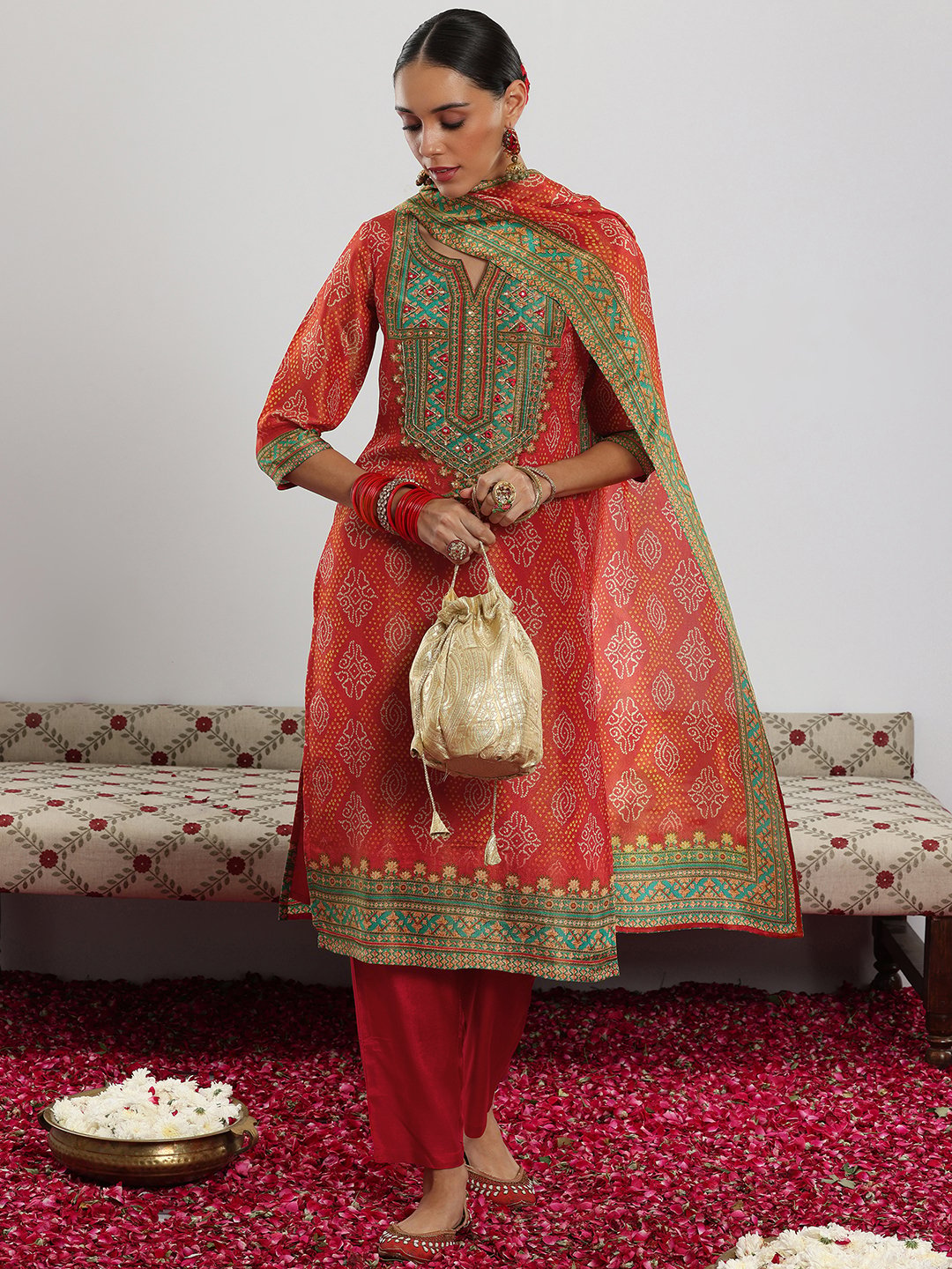 Orange Printed Silk Blend Straight Kurta, Trousers and Dupatta Set