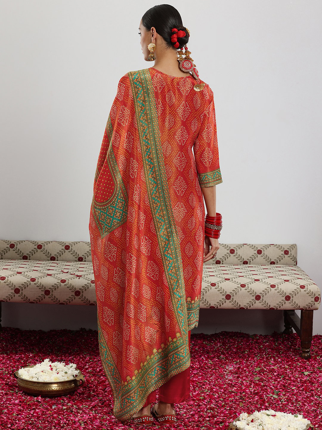 Orange Printed Silk Blend Straight Kurta, Trousers and Dupatta Set