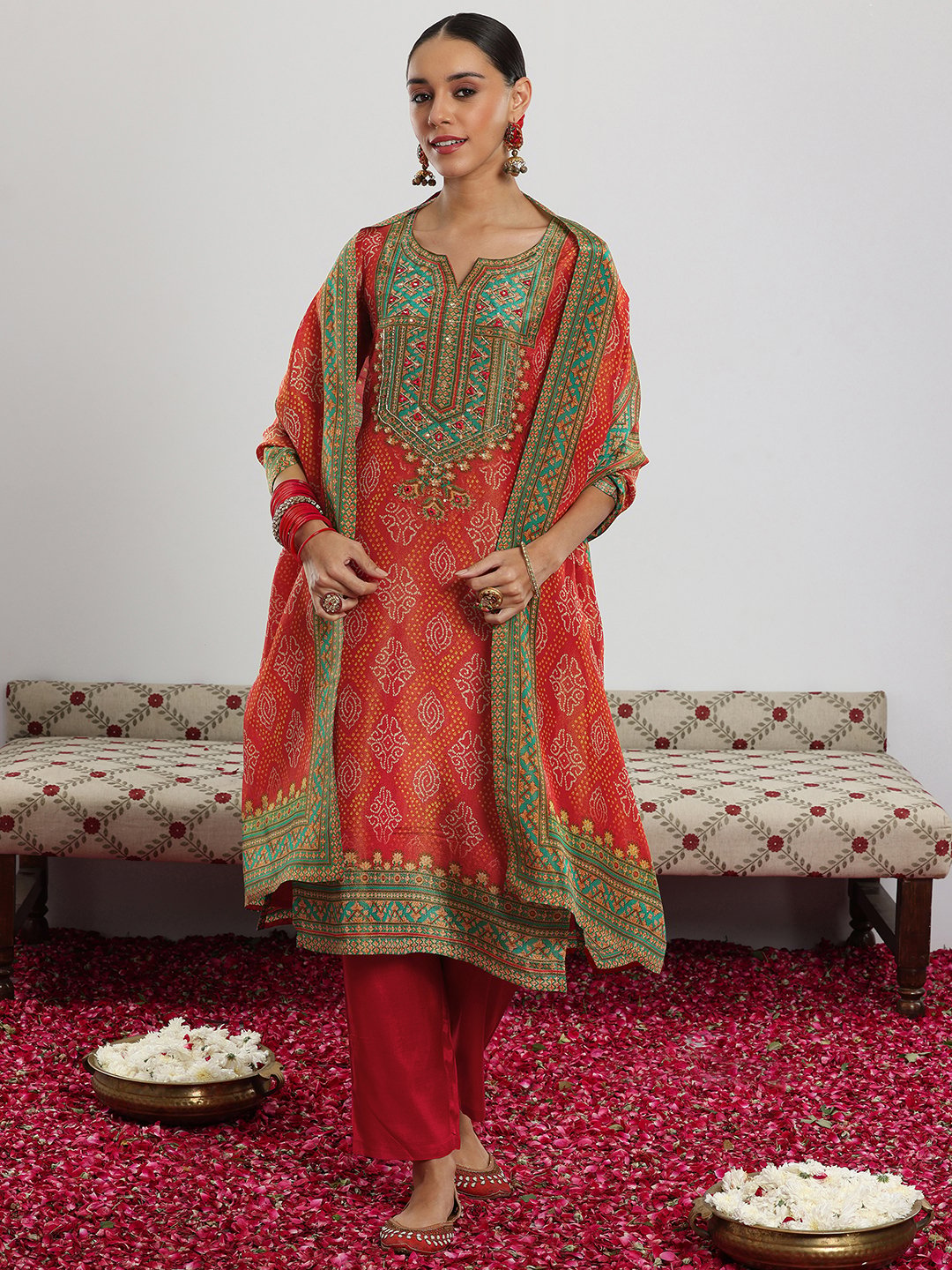 Orange Printed Silk Blend Straight Kurta, Trousers and Dupatta Set