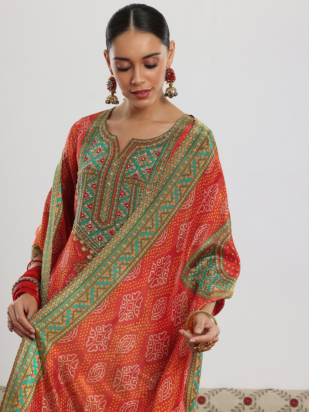 Orange Printed Silk Blend Straight Kurta, Trousers and Dupatta Set