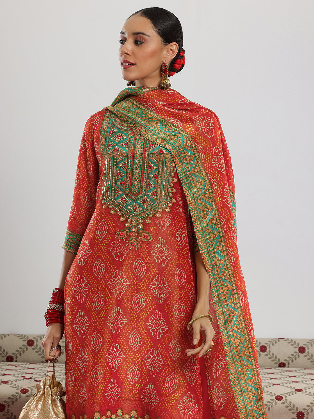 Orange Printed Silk Blend Straight Kurta, Trousers and Dupatta Set