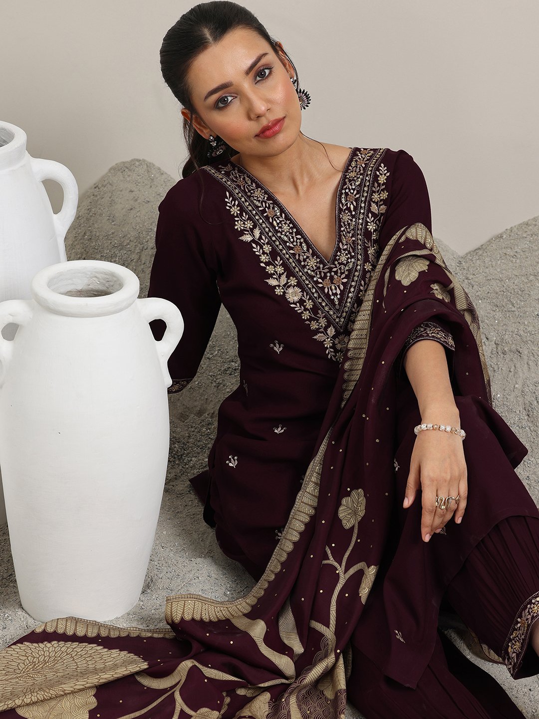 Burgundy Embroidered Viscose Straight Kurta, Salwar and Dupatta Set