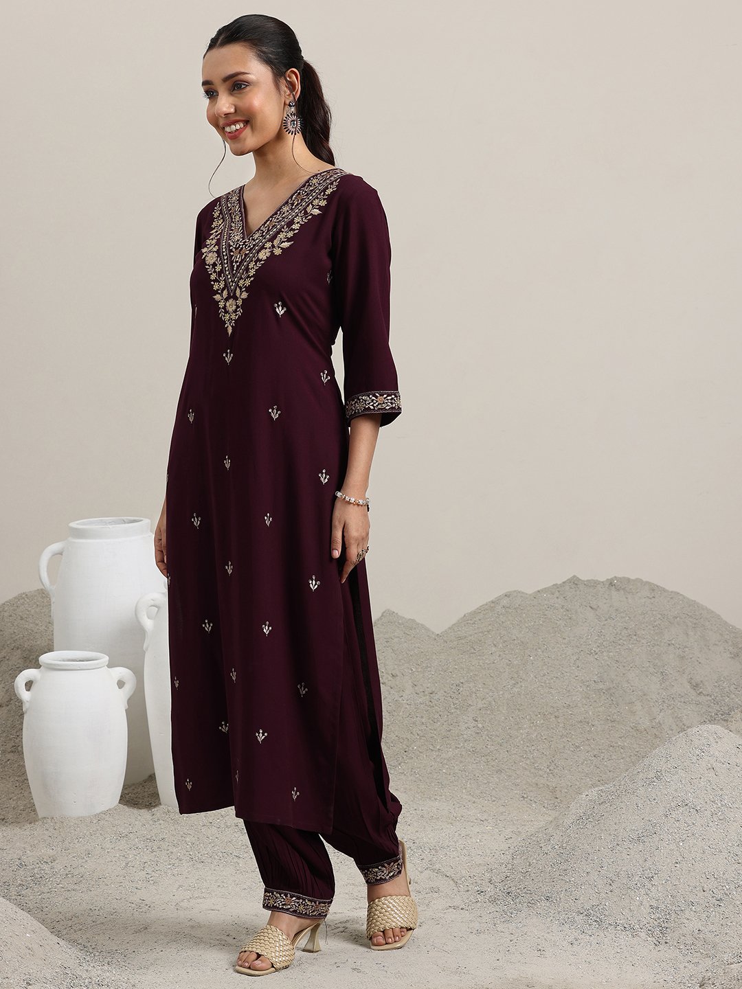 Burgundy Embroidered Viscose Straight Kurta, Salwar and Dupatta Set