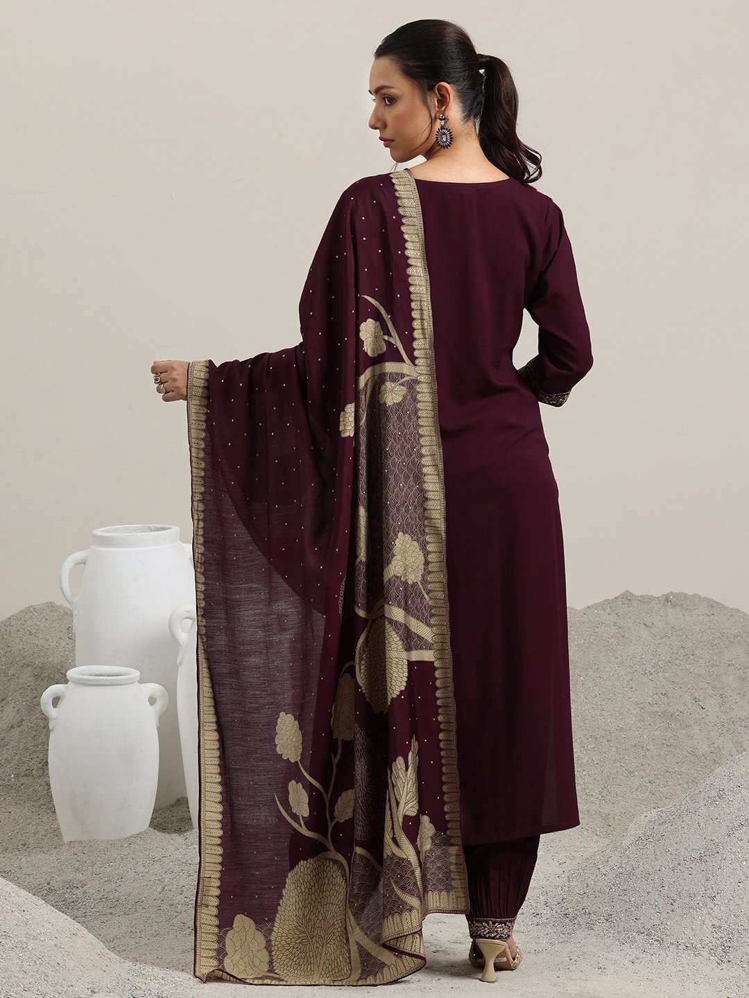 Burgundy Embroidered Viscose Straight Kurta, Salwar and Dupatta Set
