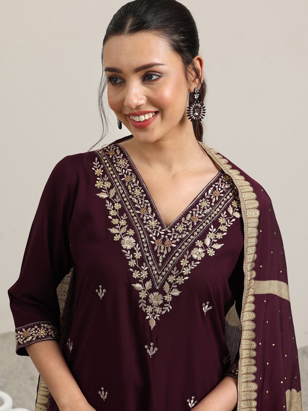 Burgundy Embroidered Viscose Straight Kurta, Salwar and Dupatta Set