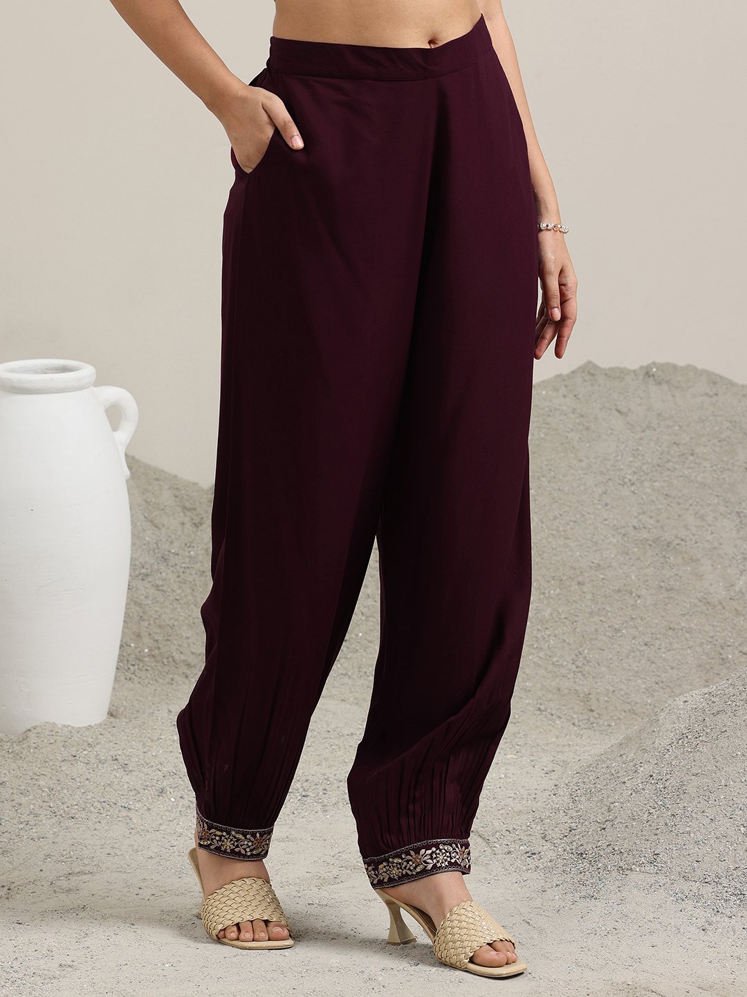 Burgundy Embroidered Viscose Straight Kurta, Salwar and Dupatta Set