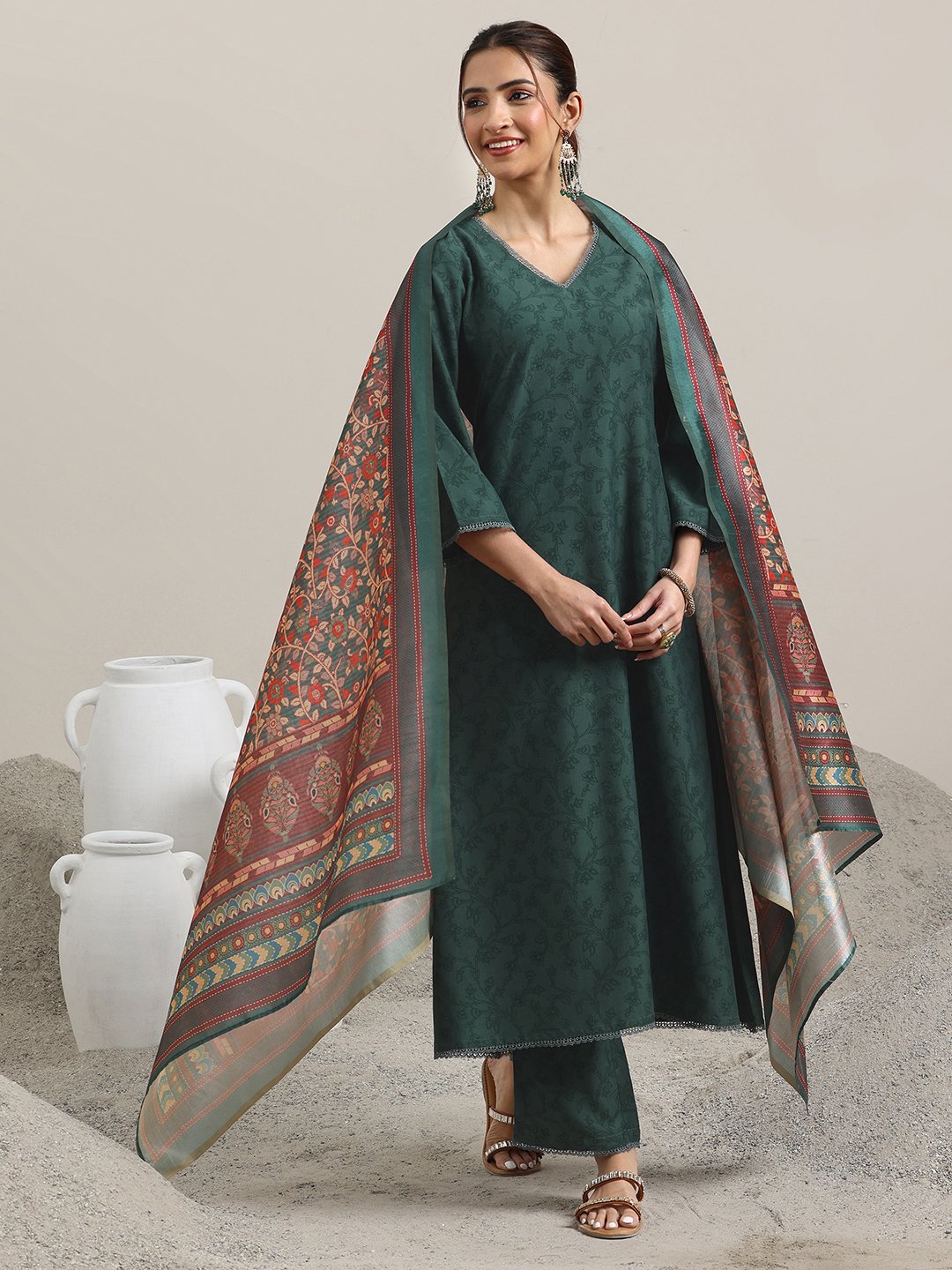Green Printed Silk Blend A-Line Kurta and Trousers Set and Dupatta