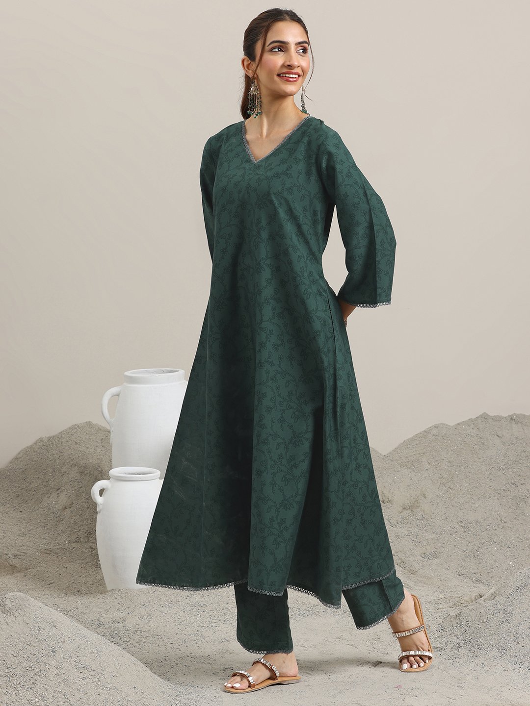 Green Printed Silk Blend A-Line Kurta and Trousers Set and Dupatta