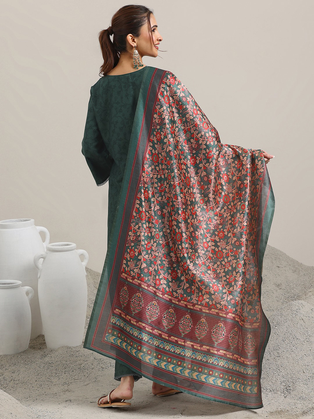 Green Printed Silk Blend A-Line Kurta and Trousers Set and Dupatta