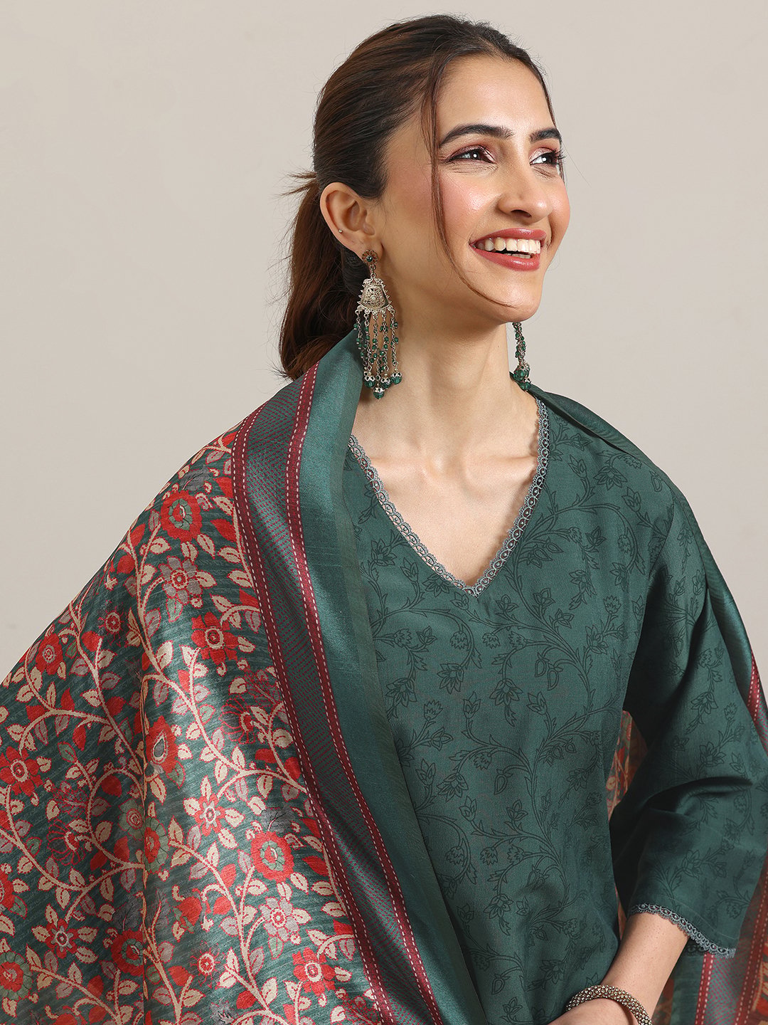 Green Printed Silk Blend A-Line Kurta and Trousers Set and Dupatta