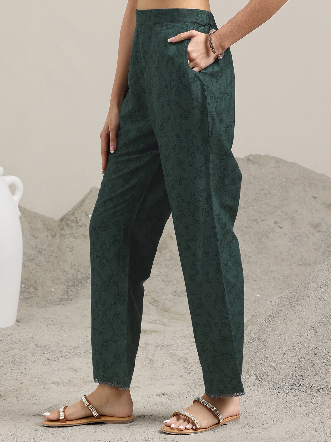 Green Printed Silk Blend A-Line Kurta and Trousers Set and Dupatta