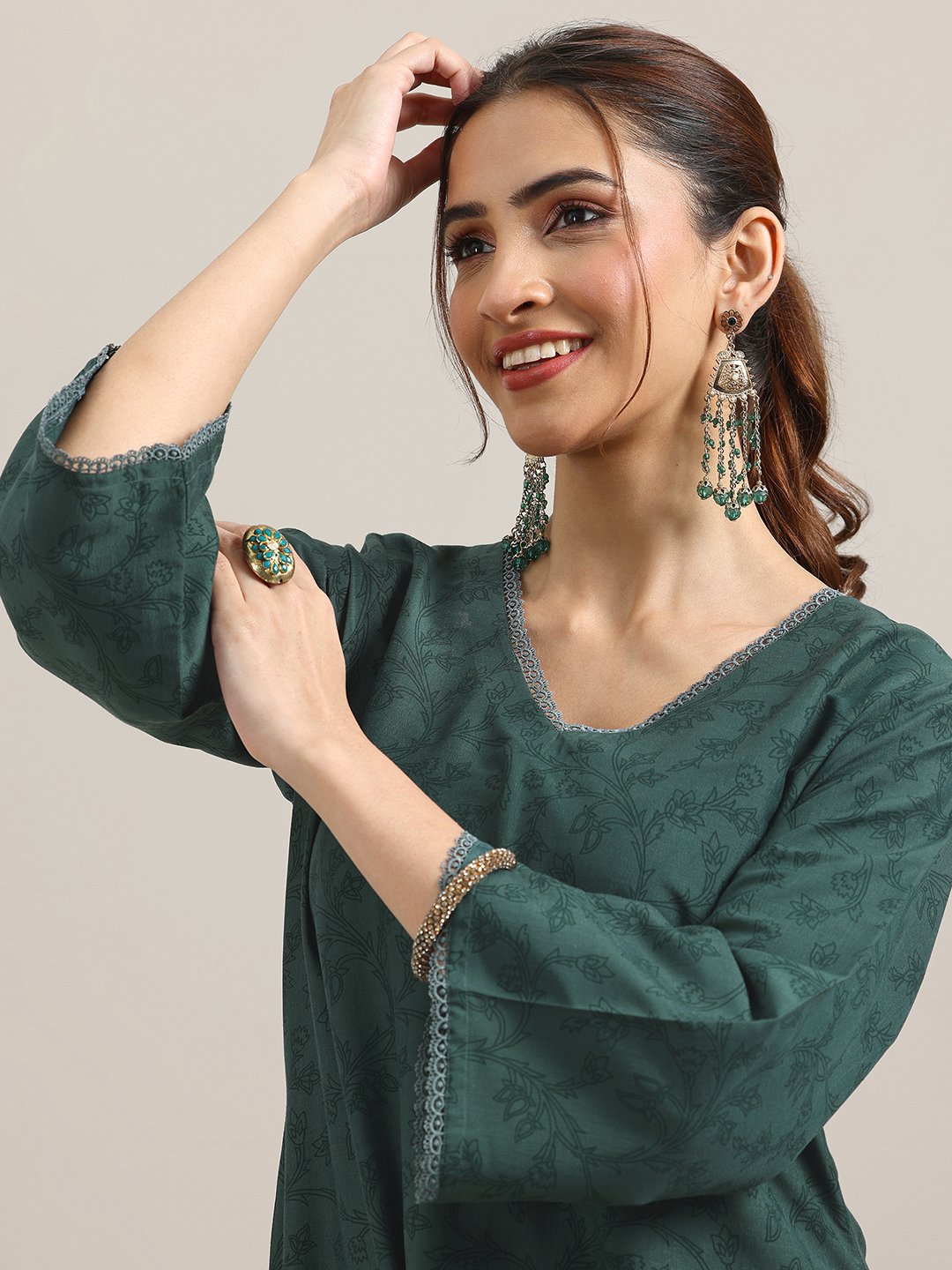 Green Printed Silk Blend A-Line Kurta and Trousers Set and Dupatta