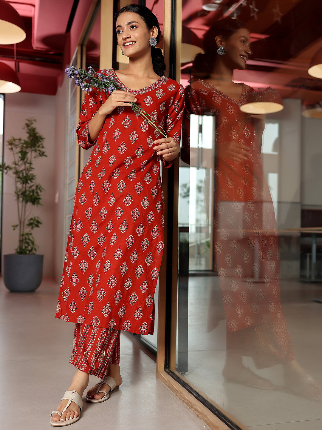 Rust Printed Cotton Straight Kurta and Palazzos Set 