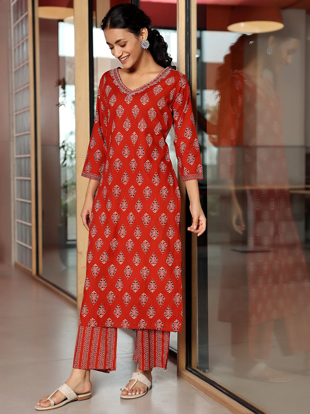 Rust Printed Cotton Straight Kurta and Palazzos Set 