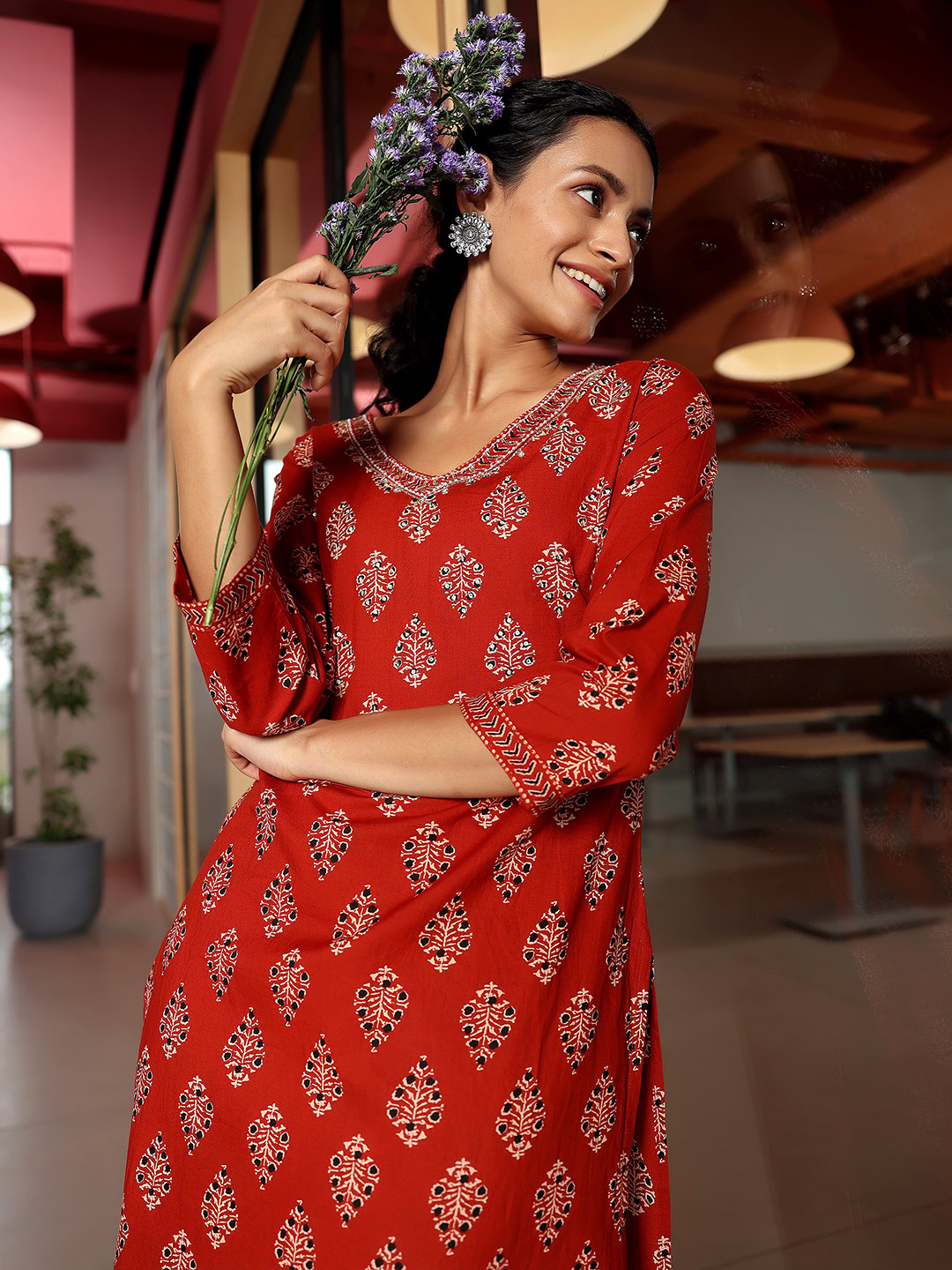 Rust Printed Cotton Straight Kurta and Palazzos Set 