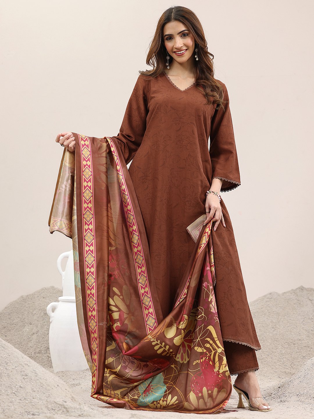 Brown Printed Silk Blend A-Line Kurta and Trousers Set and Dupatta