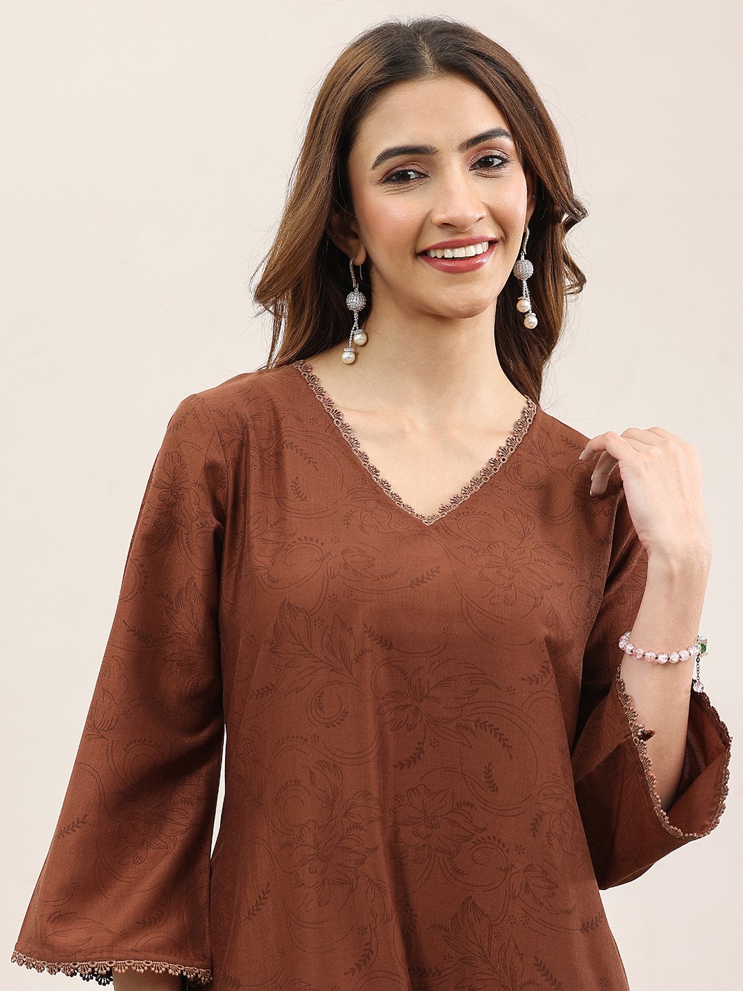 Brown Printed Silk Blend A-Line Kurta and Trousers Set and Dupatta