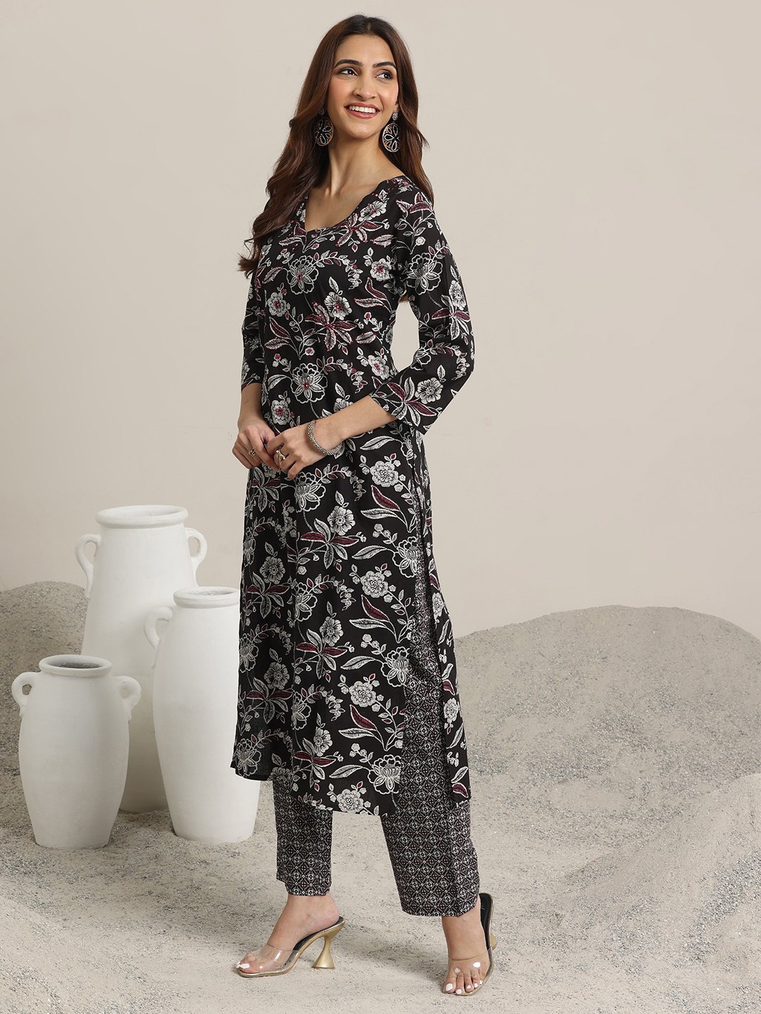 Black Printed Cotton Straight Kurta, Trousers and Dupatta Set
