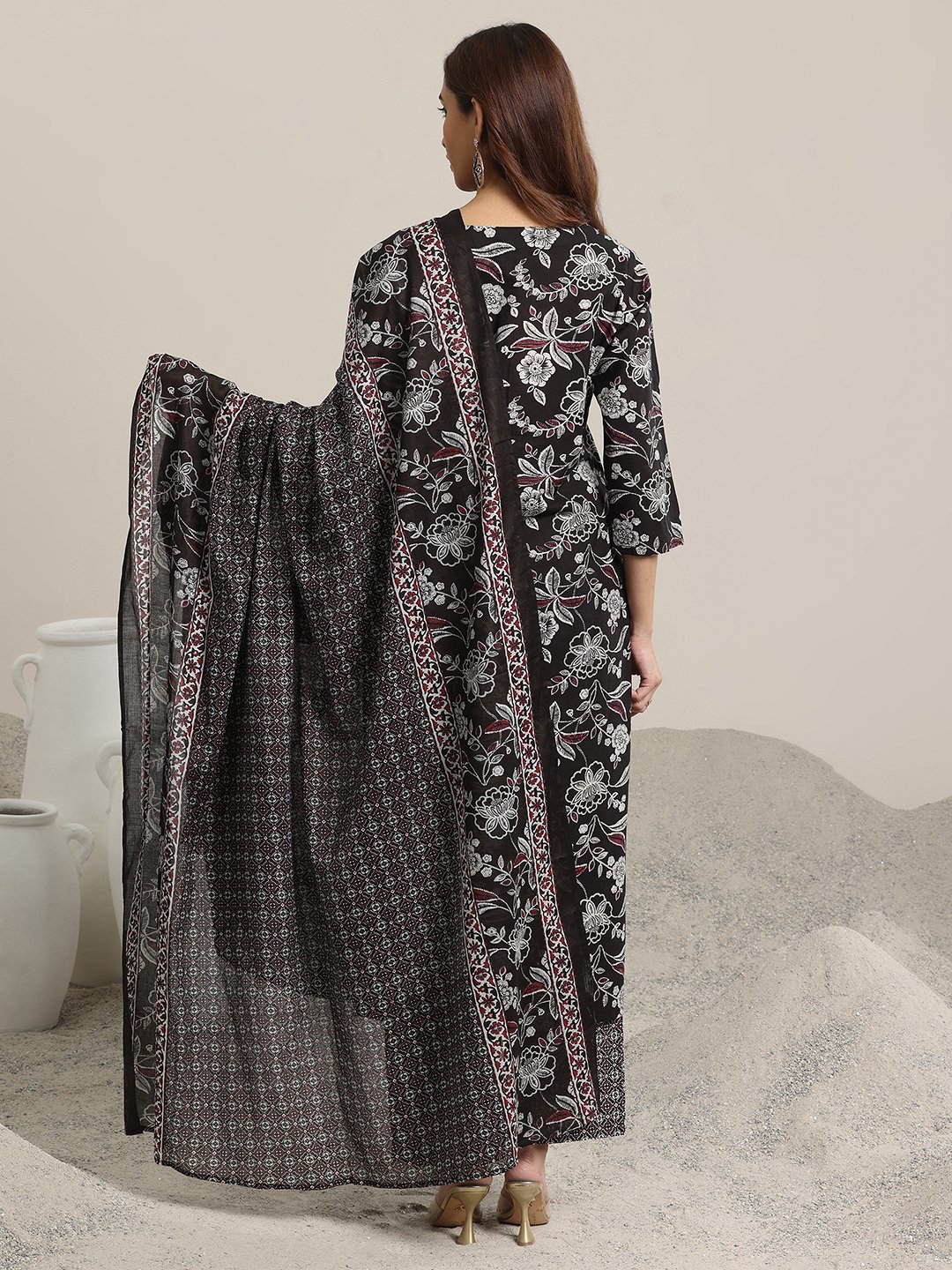 Black Printed Cotton Straight Kurta, Trousers and Dupatta Set