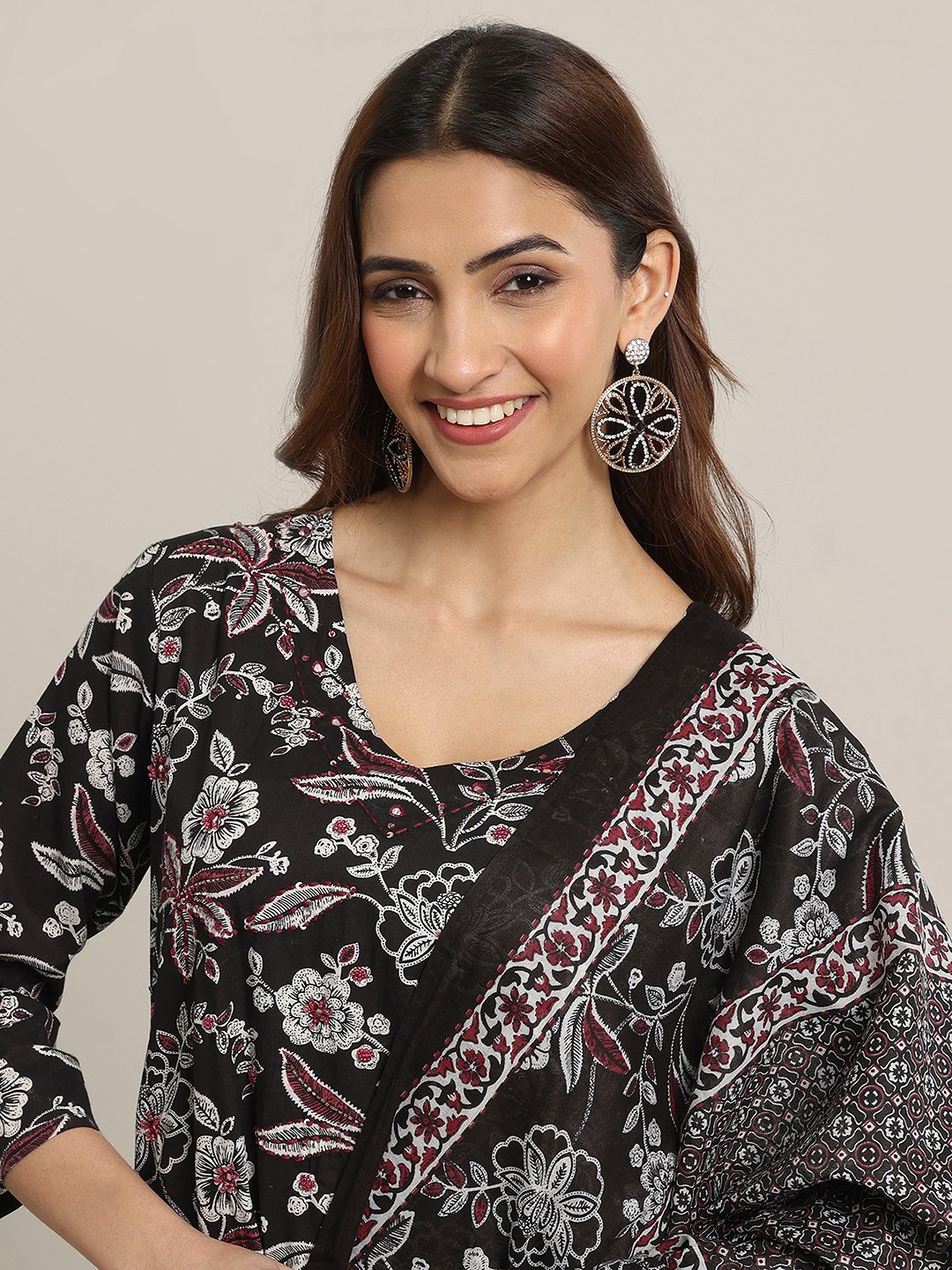 Black Printed Cotton Straight Kurta, Trousers and Dupatta Set