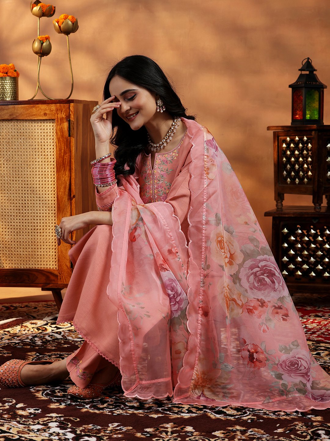 Peach Embroidered Silk Blend Straight Kurta, Trousers and Dupatta Set