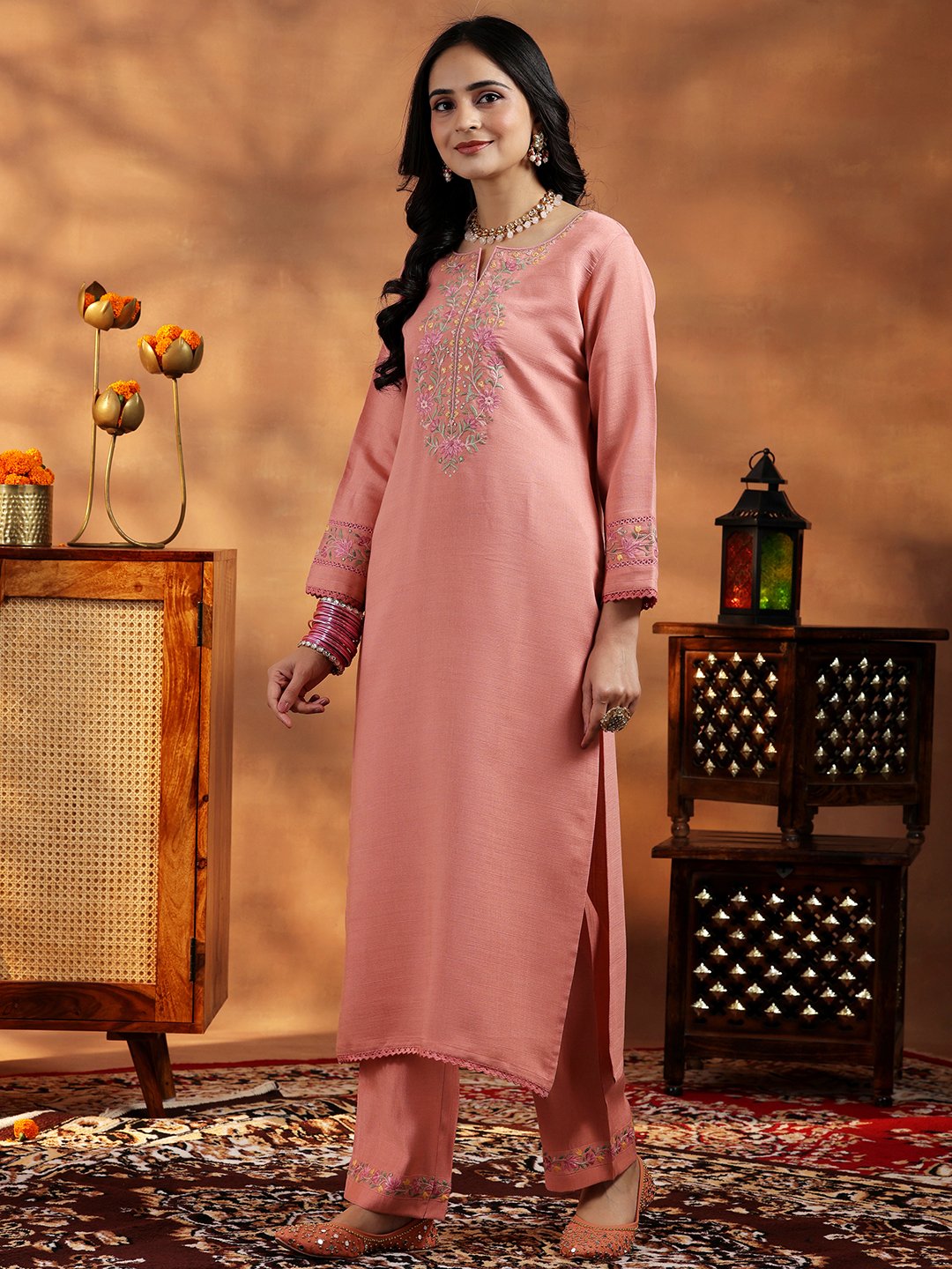 Peach Embroidered Silk Blend Straight Kurta, Trousers and Dupatta Set