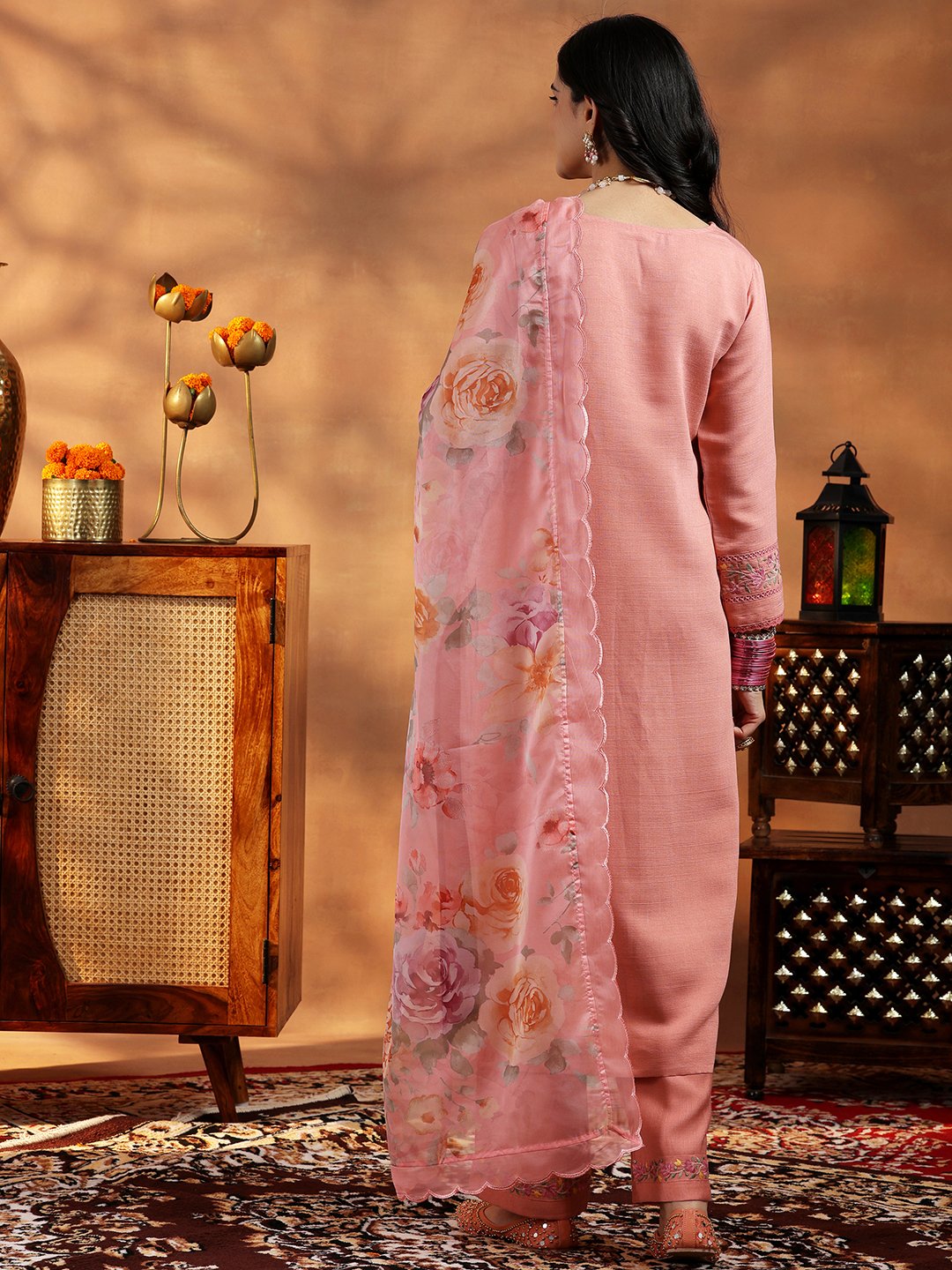 Peach Embroidered Silk Blend Straight Kurta, Trousers and Dupatta Set