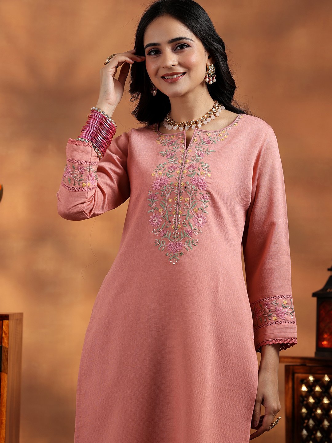 Peach Embroidered Silk Blend Straight Kurta, Trousers and Dupatta Set