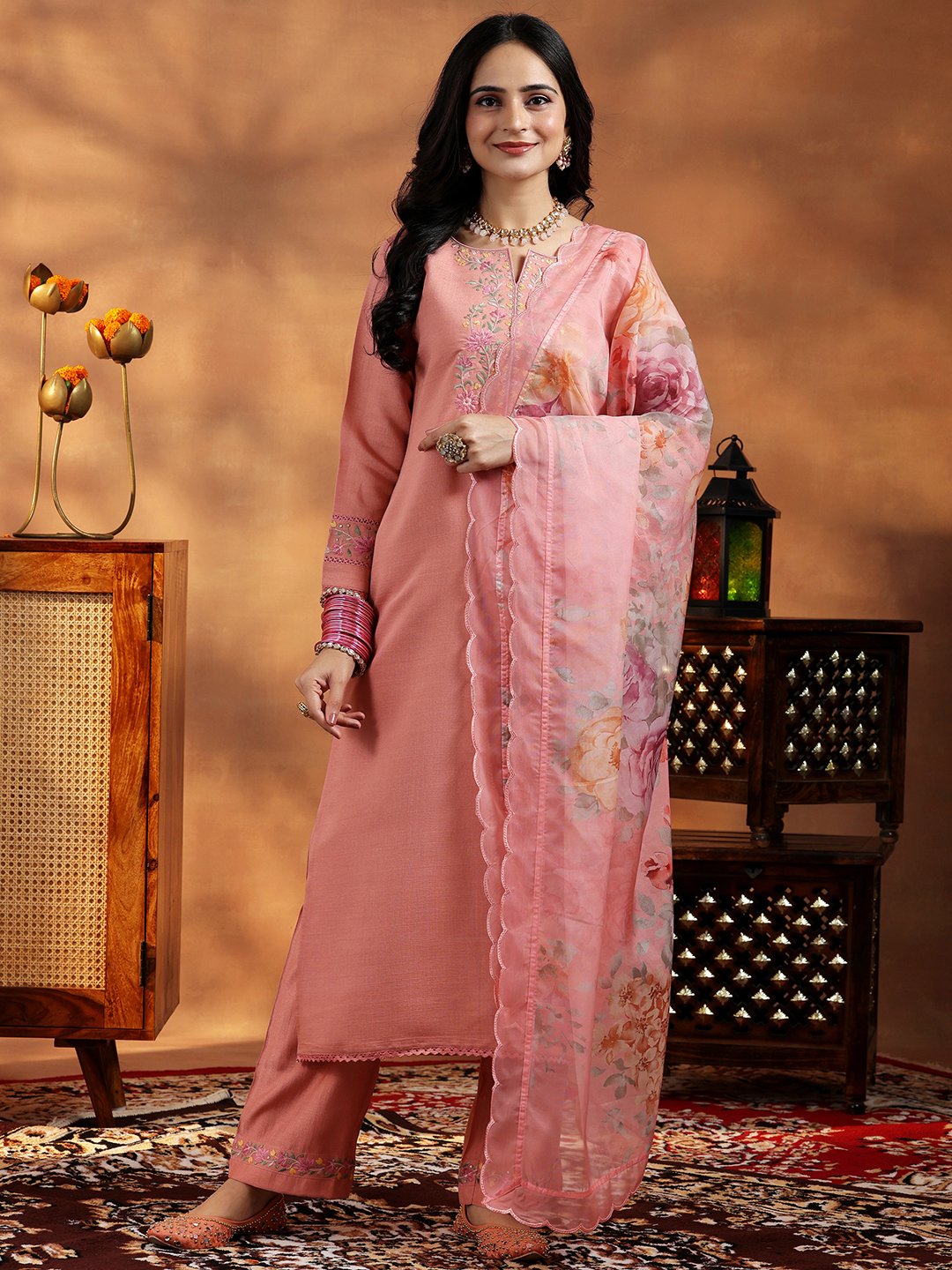 Peach Embroidered Silk Blend Straight Kurta, Trousers and Dupatta Set