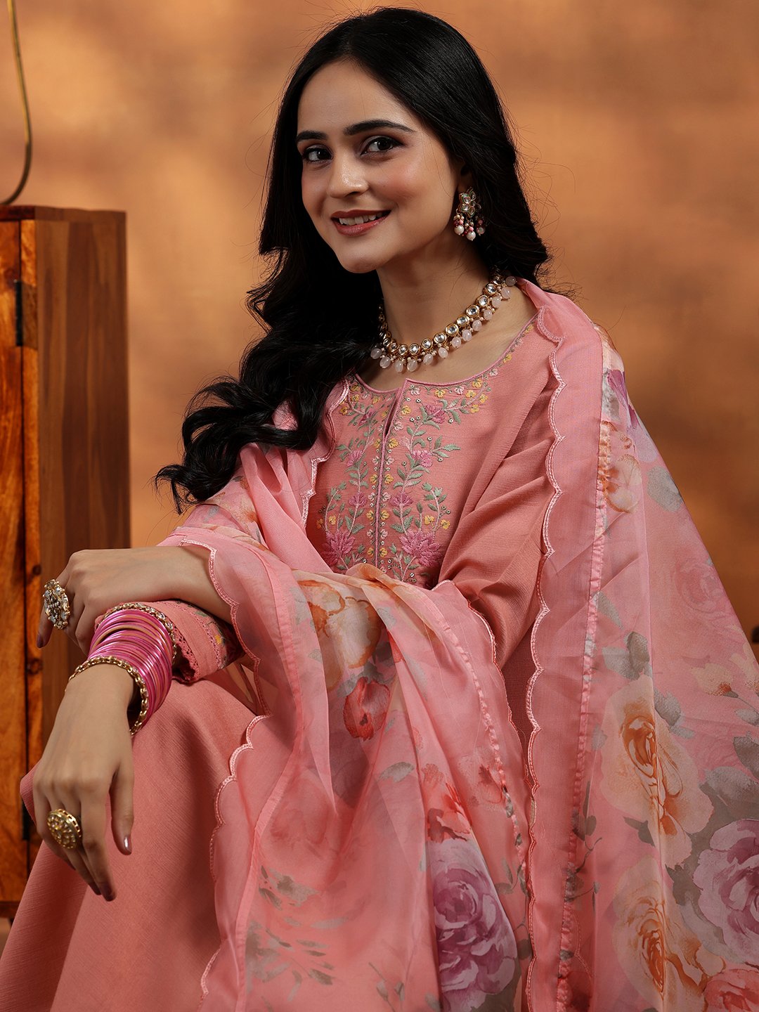 Peach Embroidered Silk Blend Straight Kurta, Trousers and Dupatta Set