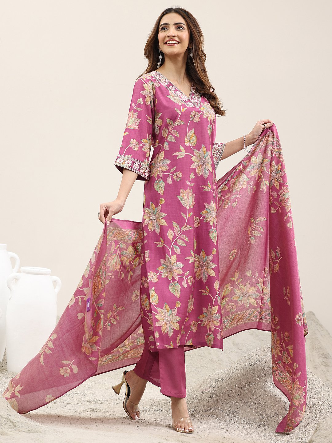 Pink Printed Silk Blend Straight Kurta, Trousers and Dupatta Set