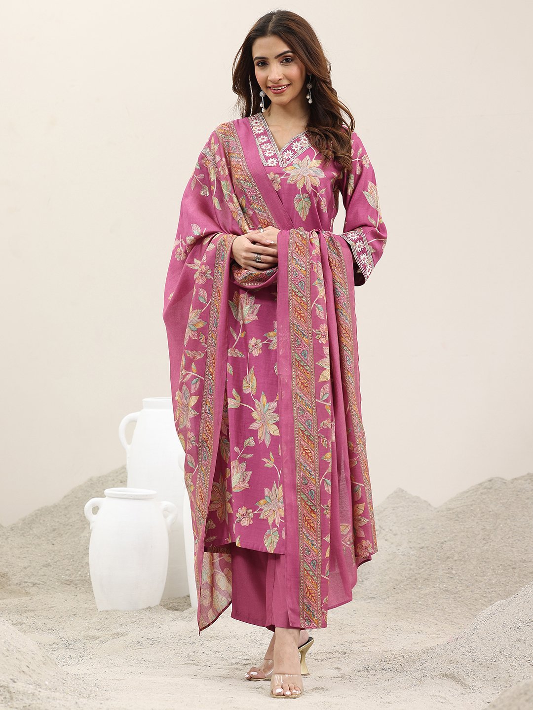 Pink Printed Silk Blend Straight Kurta, Trousers and Dupatta Set
