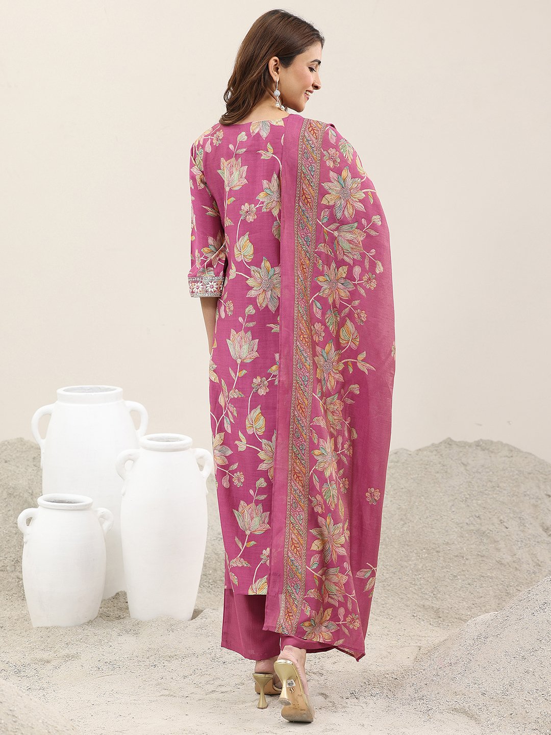 Pink Printed Silk Blend Straight Kurta, Trousers and Dupatta Set
