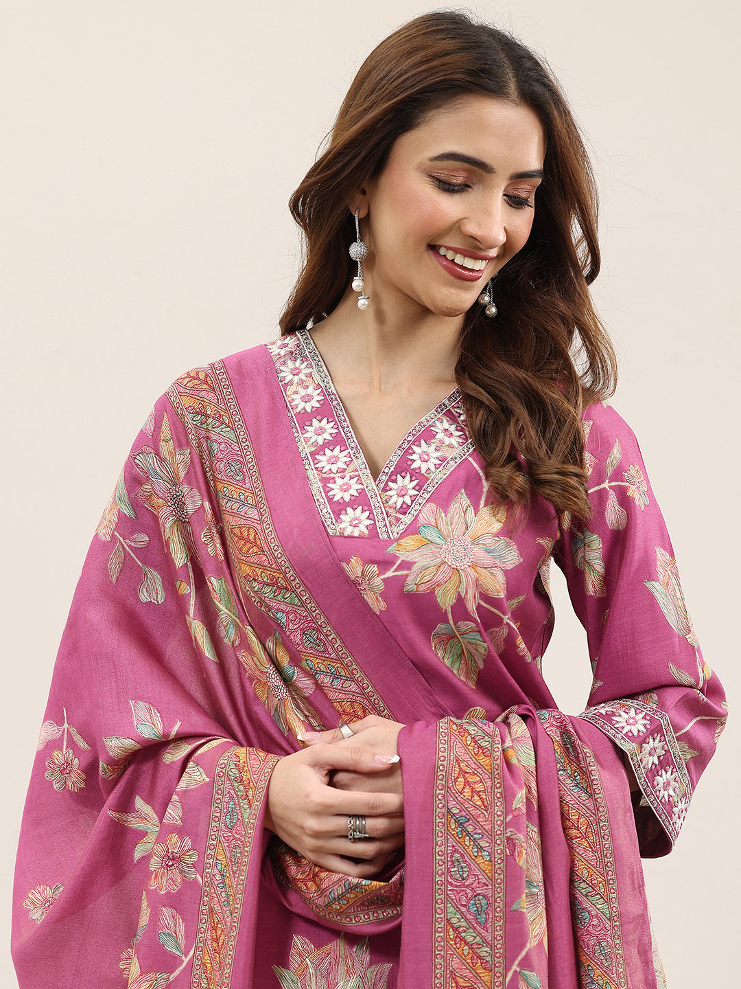 Pink Printed Silk Blend Straight Kurta, Trousers and Dupatta Set