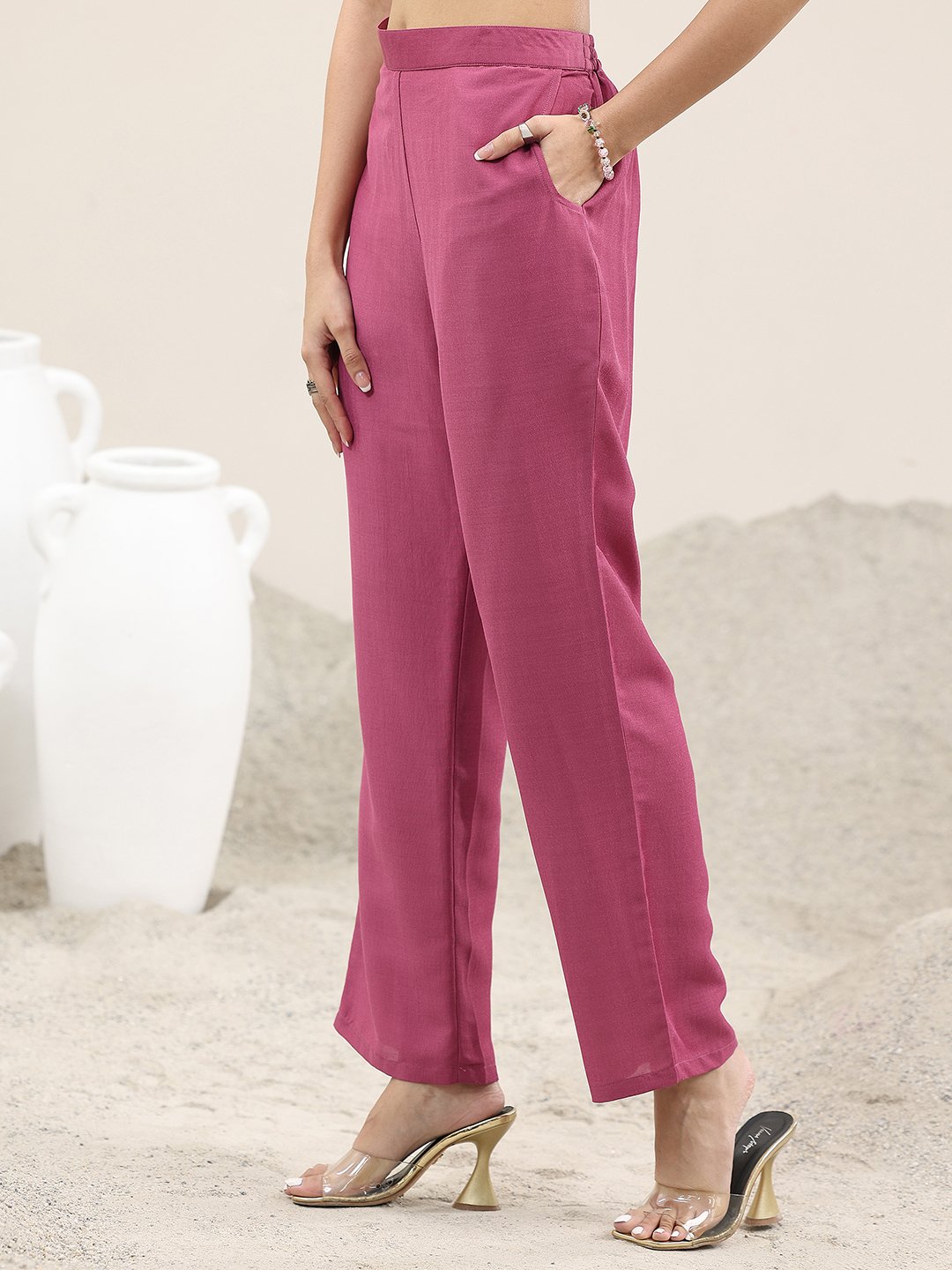Pink Printed Silk Blend Straight Kurta, Trousers and Dupatta Set