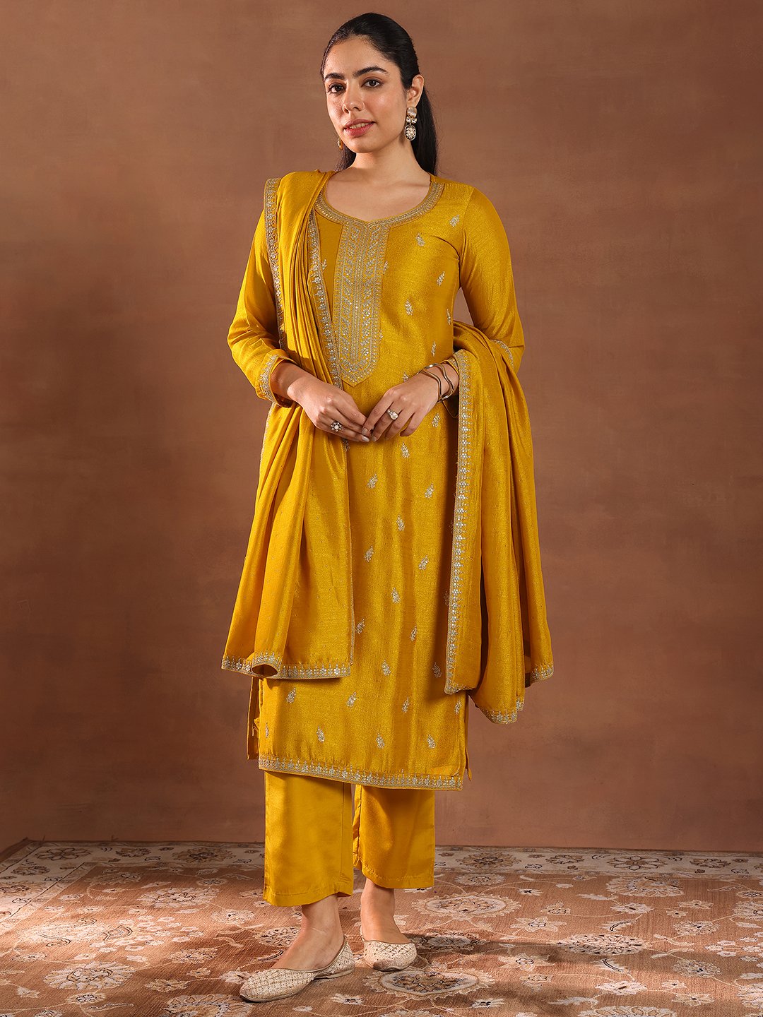 Mustard Embellished Silk Blend Straight Kurta, Trousers and Dupatta Set