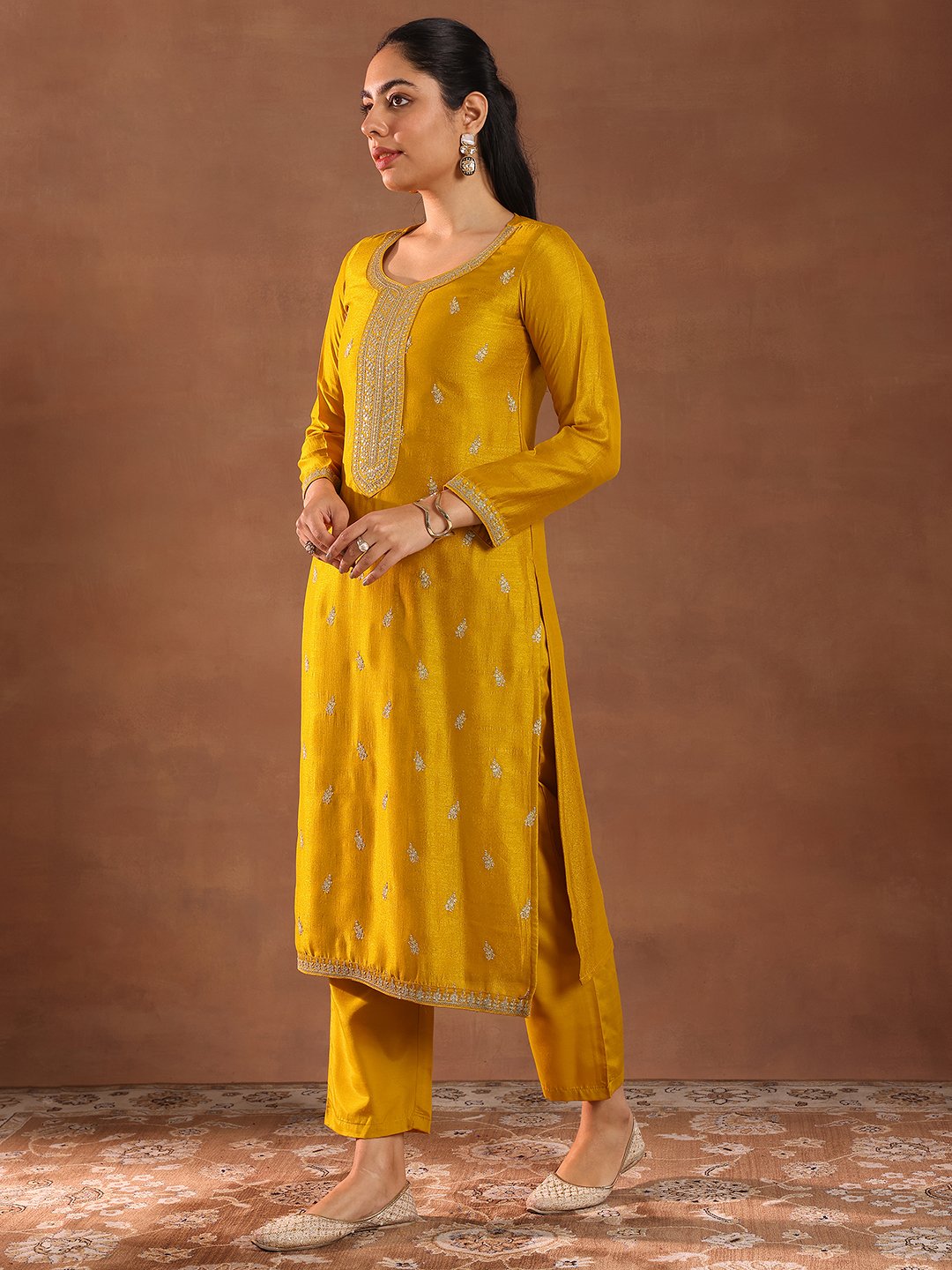 Mustard Embellished Silk Blend Straight Kurta, Trousers and Dupatta Set