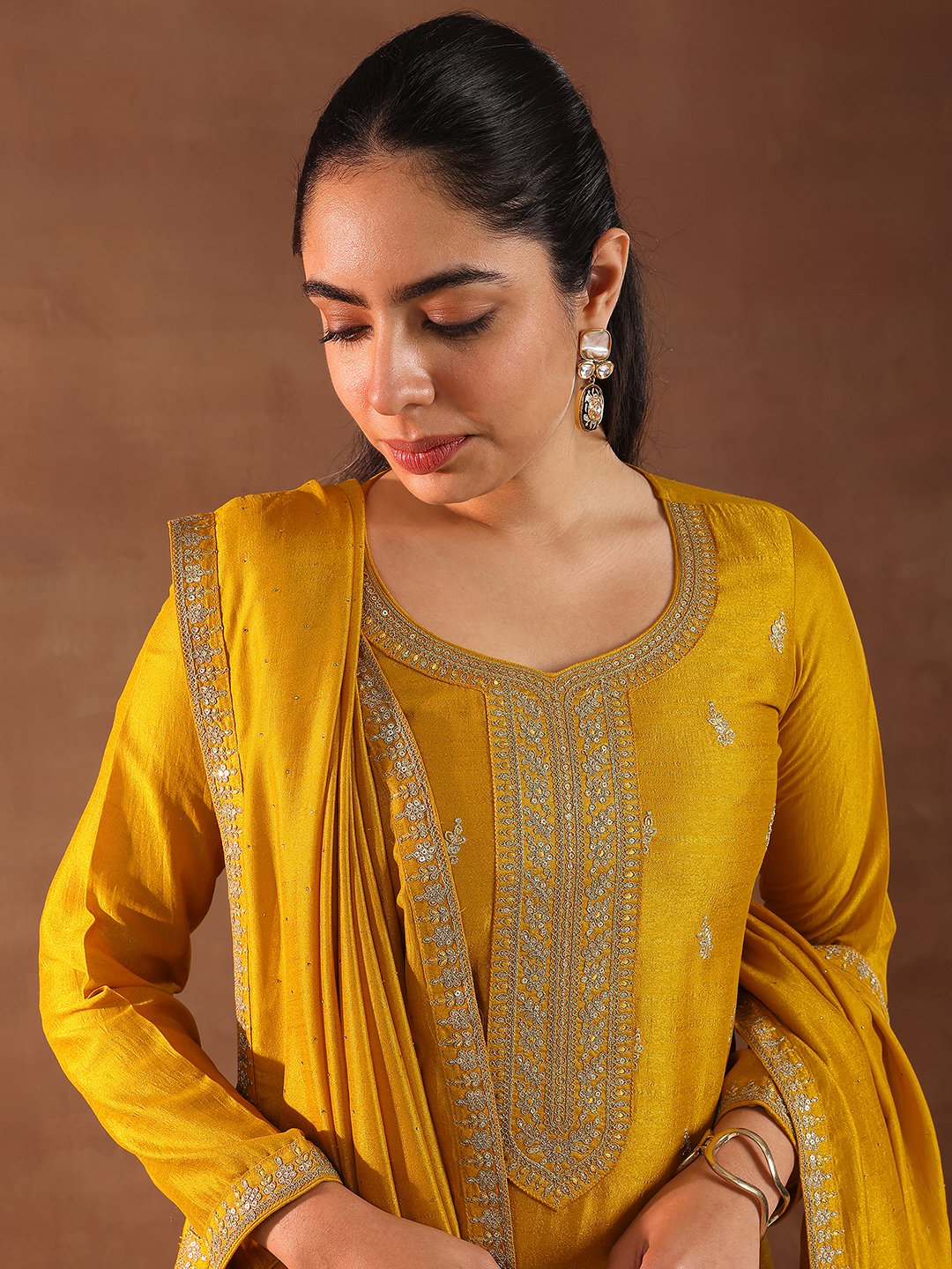 Mustard Embellished Silk Blend Straight Kurta, Trousers and Dupatta Set