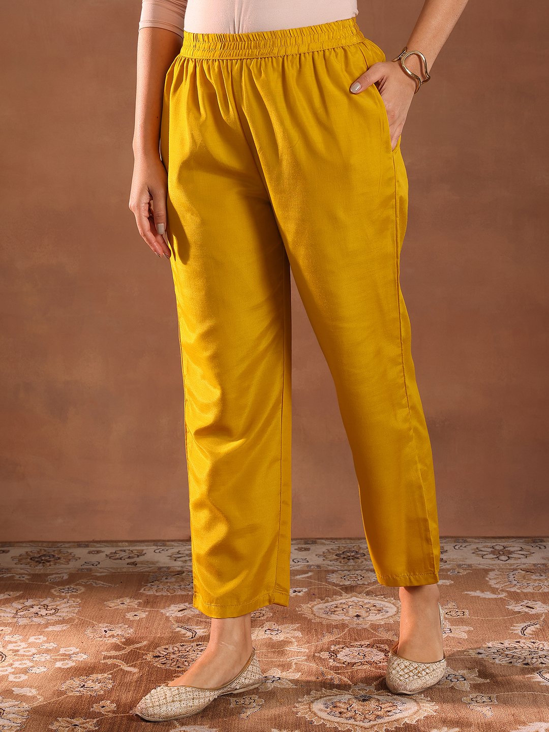 Mustard Embellished Silk Blend Straight Kurta, Trousers and Dupatta Set