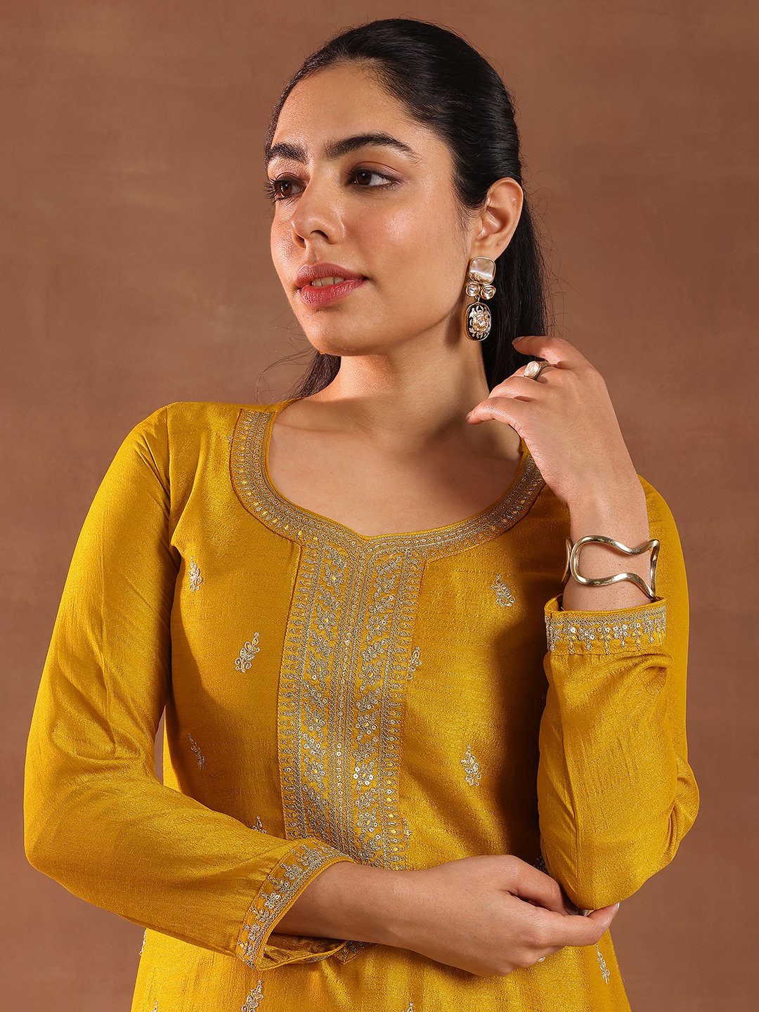 Mustard Embellished Silk Blend Straight Kurta, Trousers and Dupatta Set